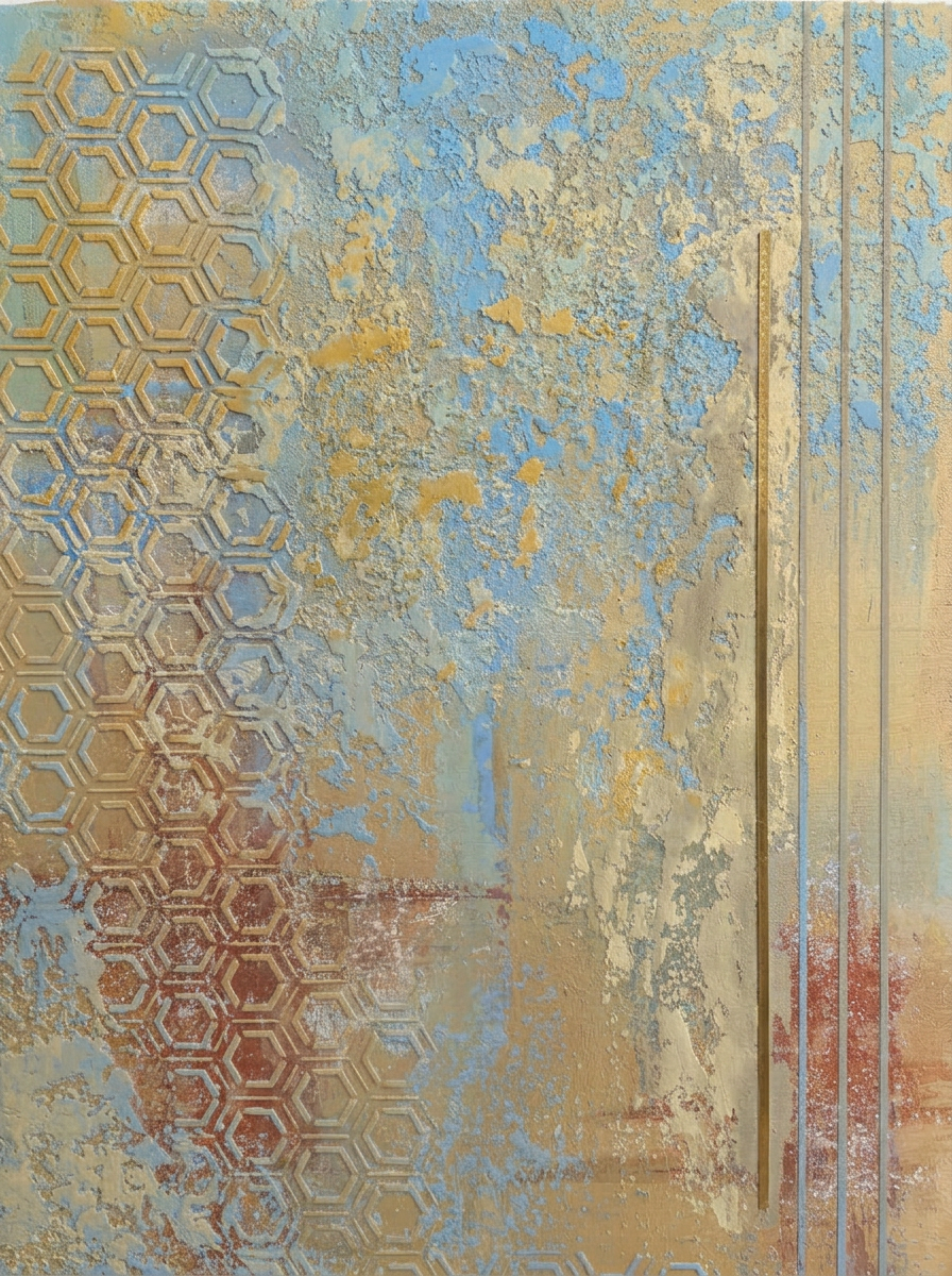 Hexágonos y arena azul — Panel decorativo a medida