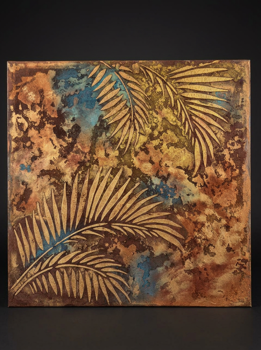 Panel decorativo con pátina turquesa y cobre, hecho a mano en ALMA MURO