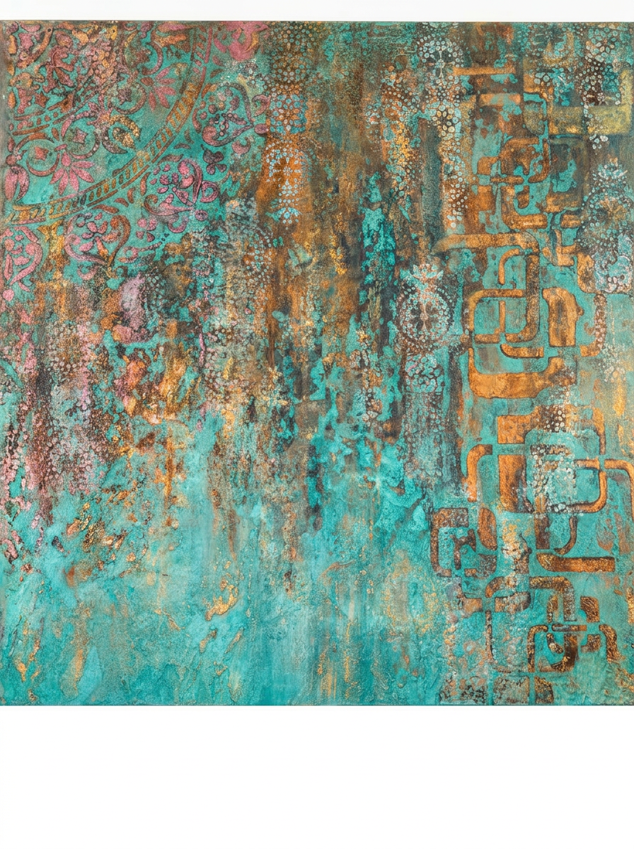 Pátina turquesa y cobre — Acabado decorativo, taller ALMA MURO