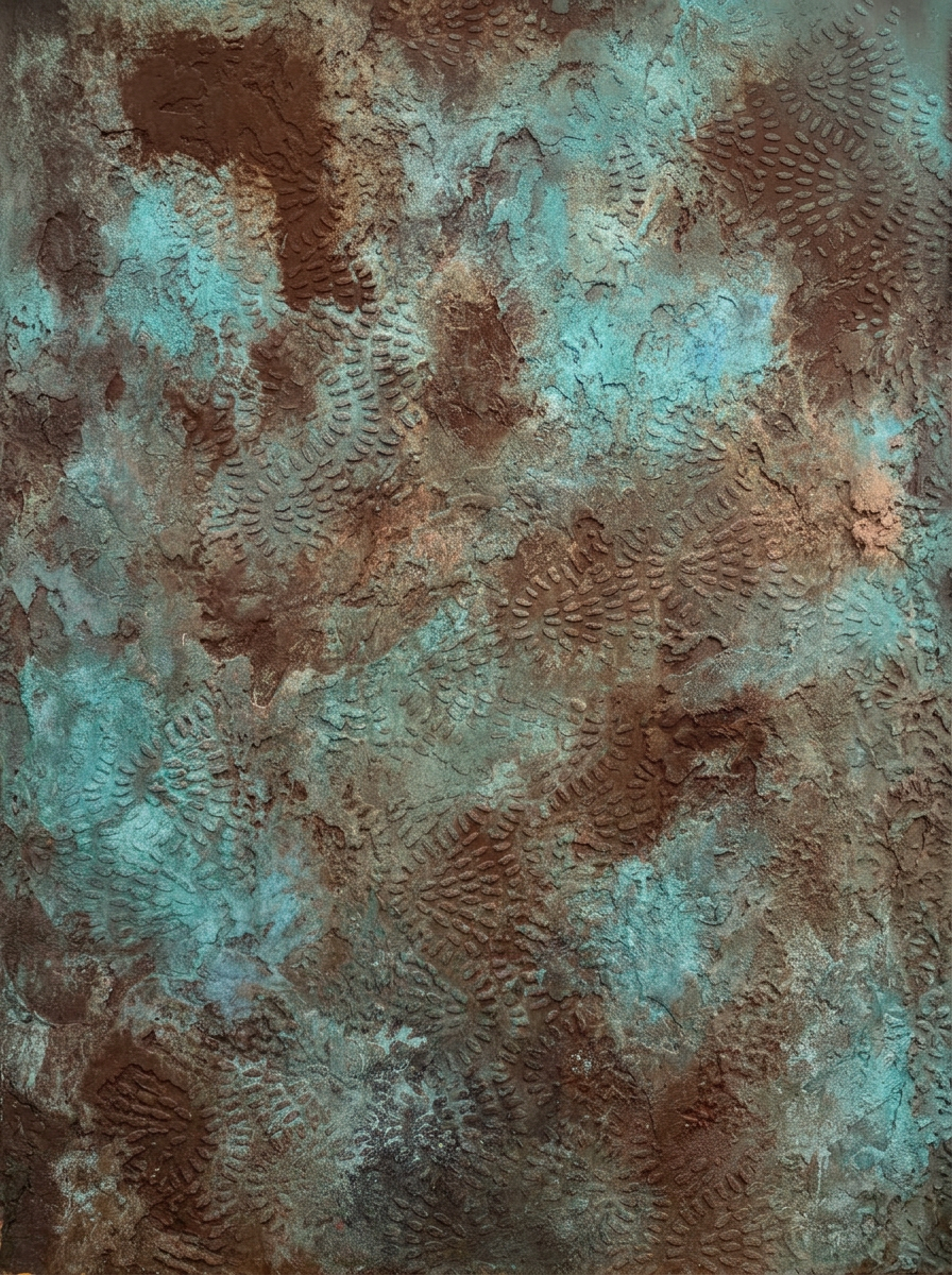 Turquesa y óxido moteado — Acabado decorativo, taller ALMA MURO