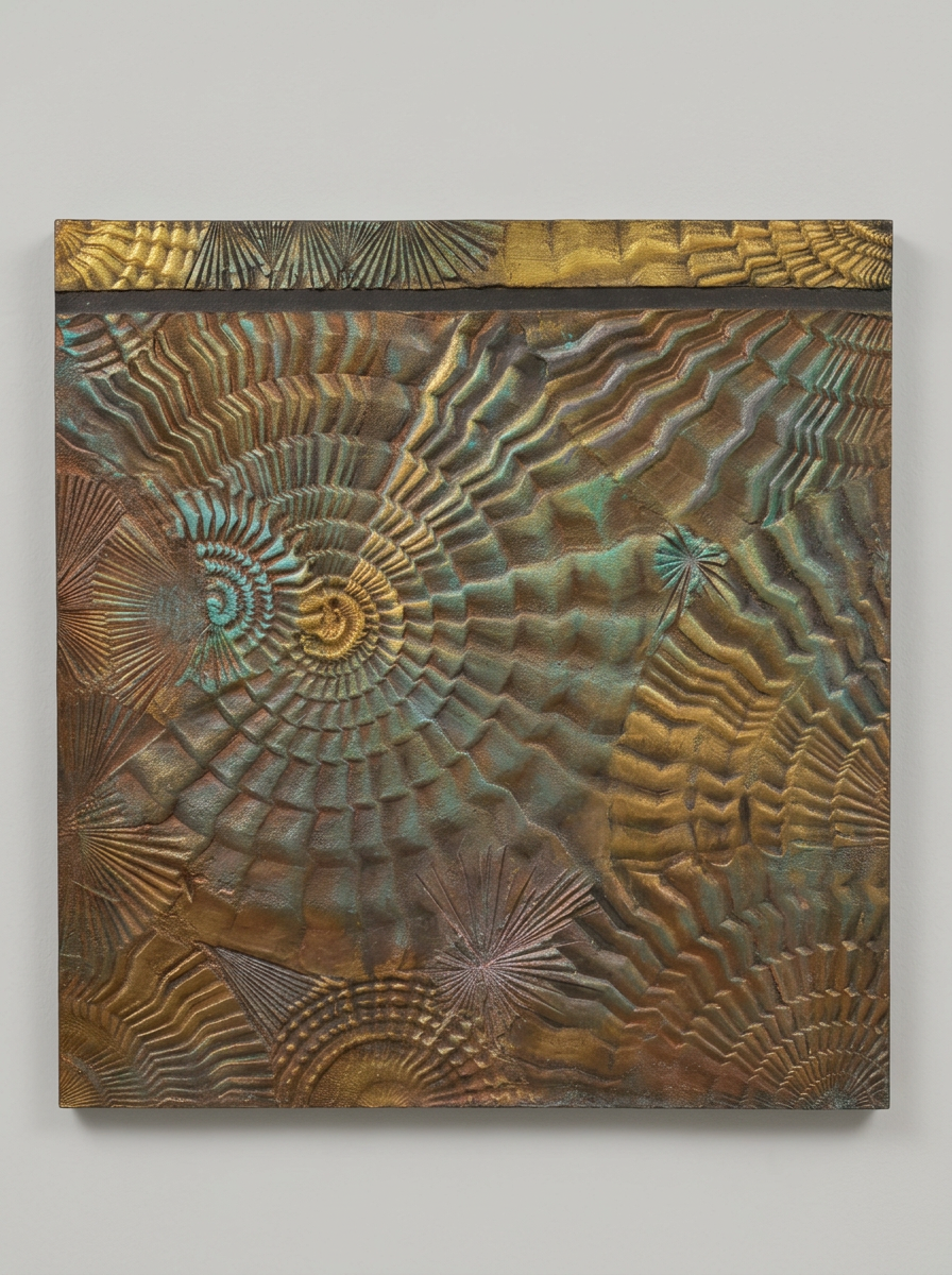 Relieve concéntrico bronce — Panel escultórico, proyecto hotelero