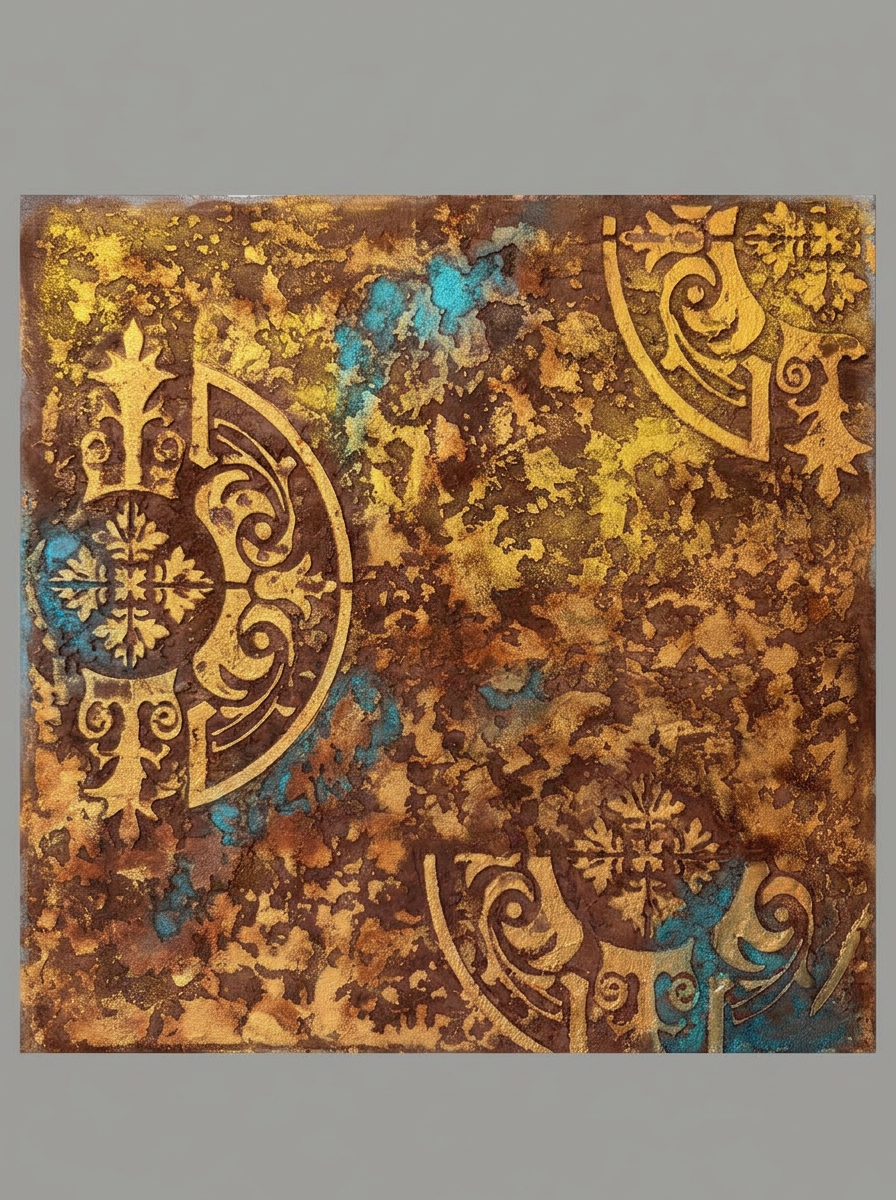 Ornamentos dorados sobre óxido — Pieza decorativa, taller ALMA MURO