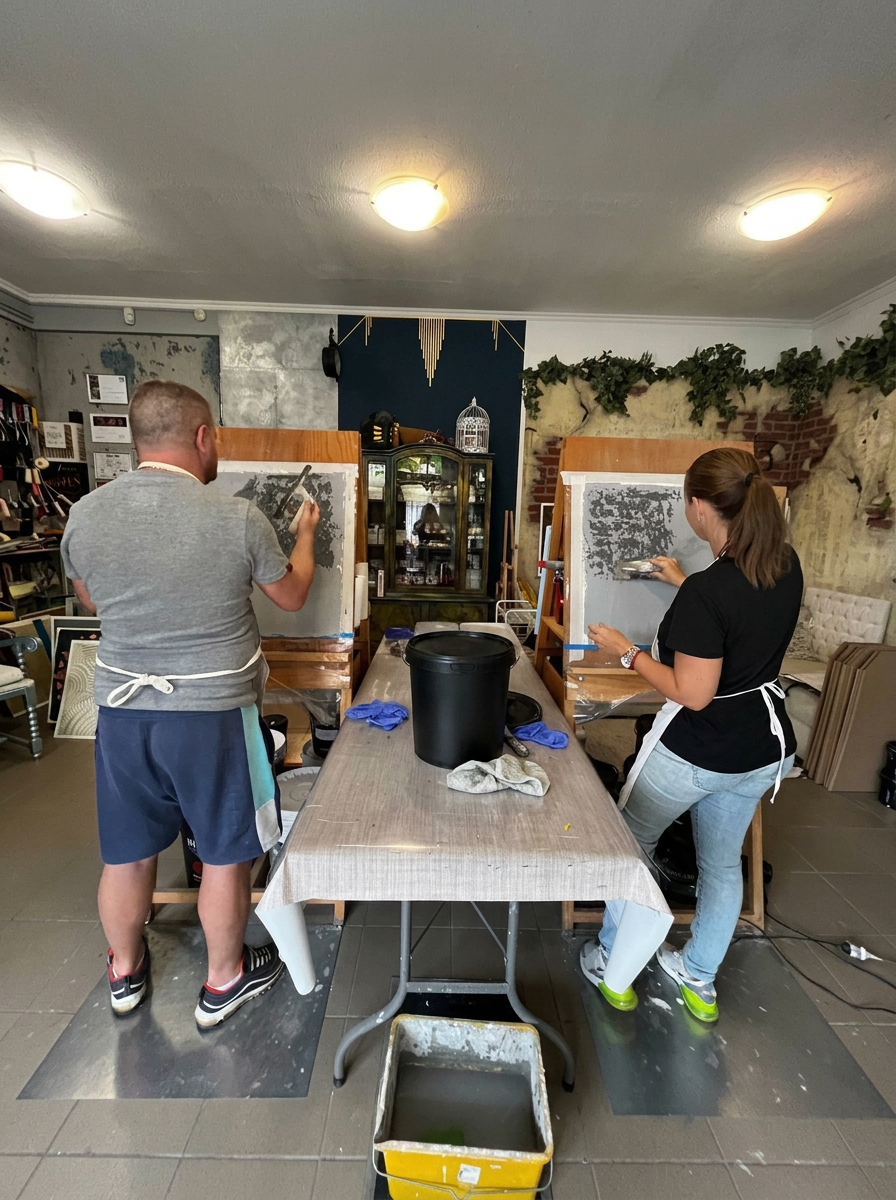 Erika y László trabajando acabados de pasta decorativa en el taller de ALMA MURO Design